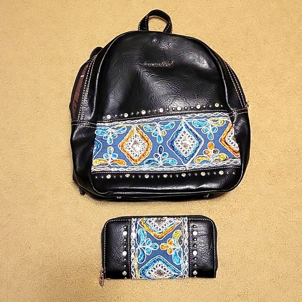 NWT Black Mini Bag with Matching Wallet, Embroidered Design